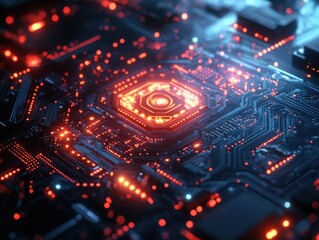 Fototapeta premium A futuristic abstract design of a circuit board illuminated with glowing red and blue neon lights, evoking a high-tech cyberspace atmosphere.