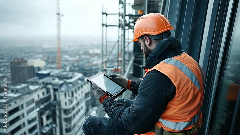 Poster a worker using a thermal imaging tablet to scan window installations on a building, with scaffolding