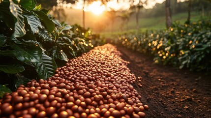 Fototapeta premium Sunlit path strewn with harvested coffee beans in a plantation.