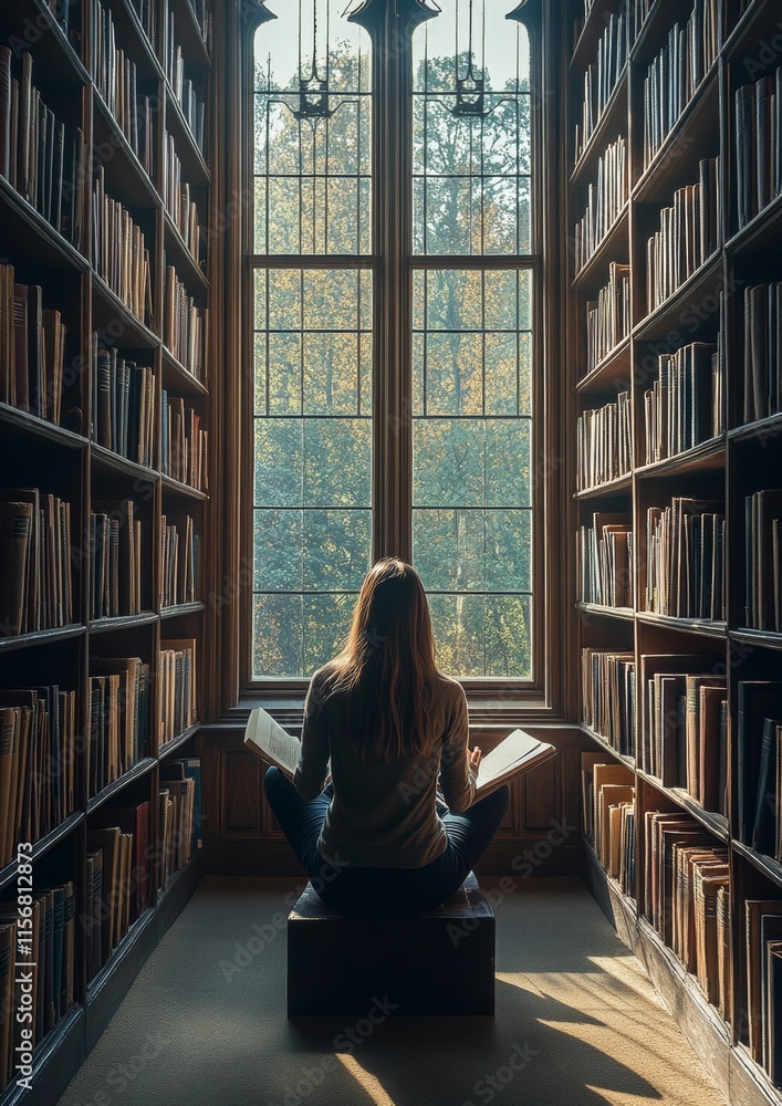 Poster serene library study session winter calm and intellectual solitude by window light