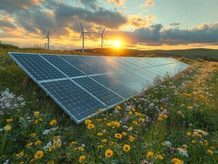 A vibrant scene of solar panels and wind turbines in a flowering meadow at sunset, symbolizing renewable energy and sustainability.