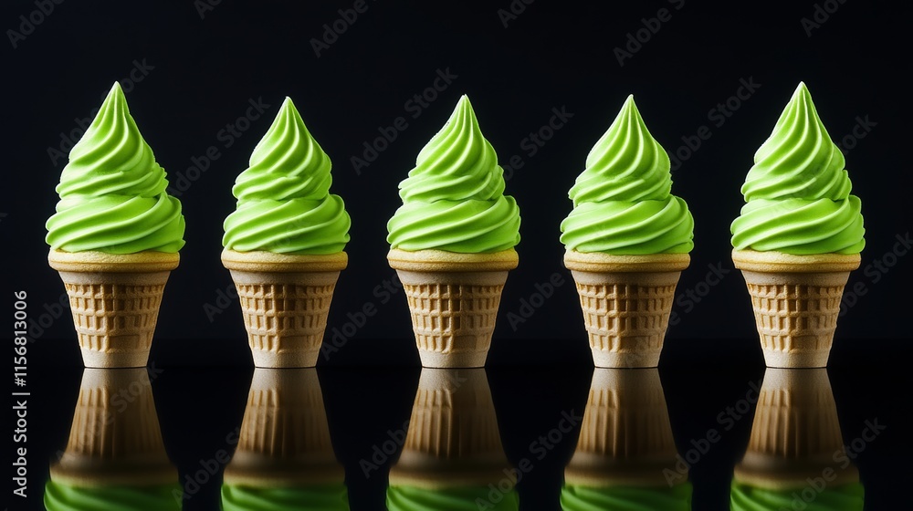 Poster row of green ice cream cones. the cones are all the same color and are lined up next to each other