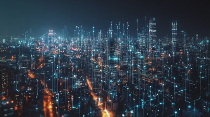 Fototapeta premium Smart digital Innovation city with connection network reciprocity over the cityscape. of future smart wireless city and social media networking systems that connects business people with in city