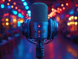 A close-up of a microphone and headphones set against a vibrant, bokeh-filled background, ideal for...