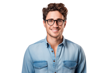 Happy man in casual jean shirt and modern glasses, looking stylish and approachable, isolated on white background