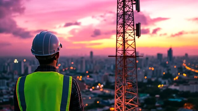 An engineer in a reflective vest and helmet inspects a telecom tower, set against a vibrant city skyline glowing at dusk