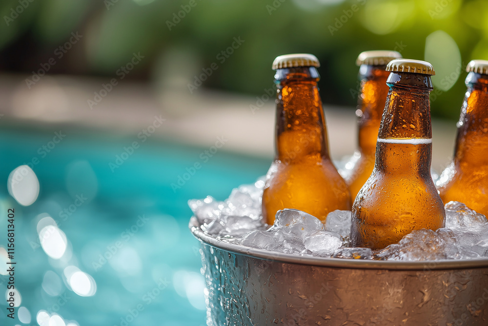 Poster bucket full of beer bottles with ice in it. the beer bottles are in a row and are all open