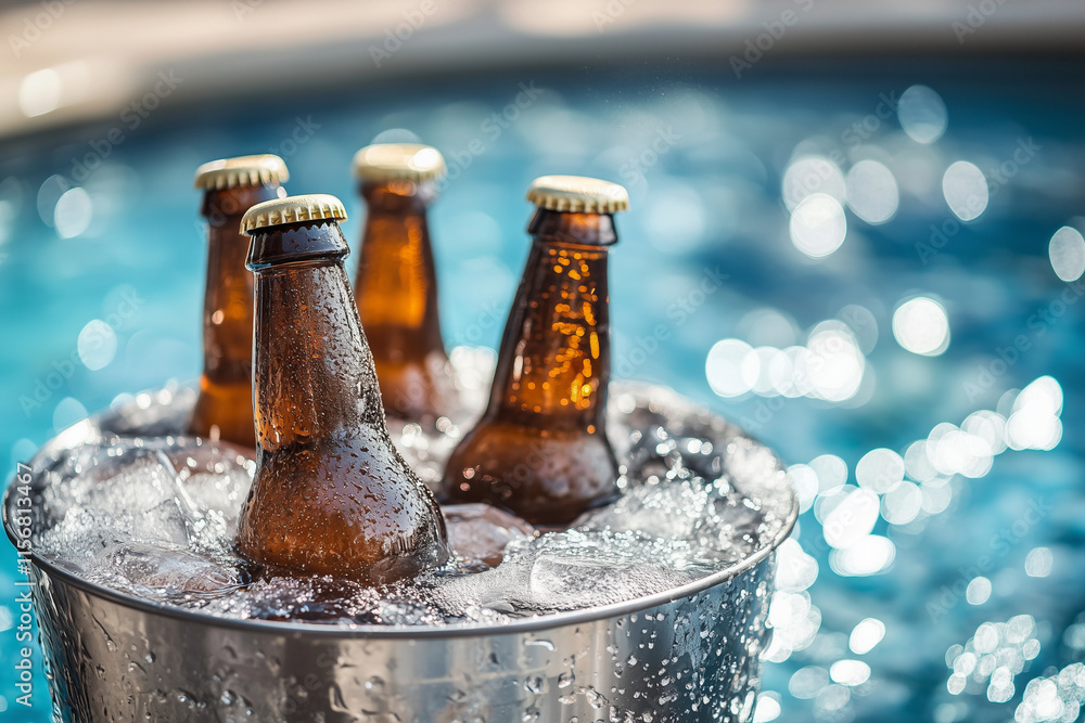 Poster bucket full of beer bottles with ice in it. the beer bottles are in a row and are all open