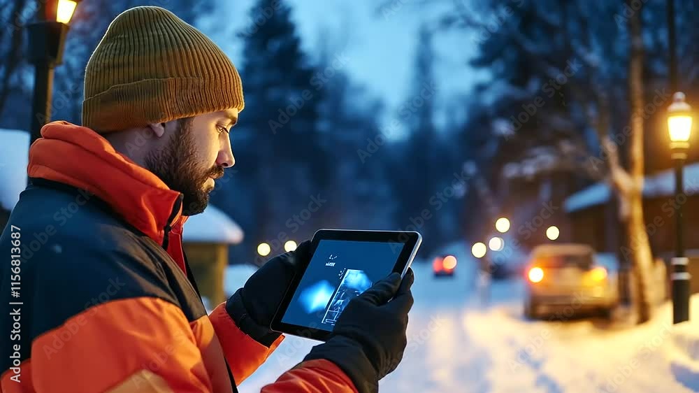 Poster close-up of a thermal imaging tablet displaying hot and cold zones, held by a worker amidst a constr