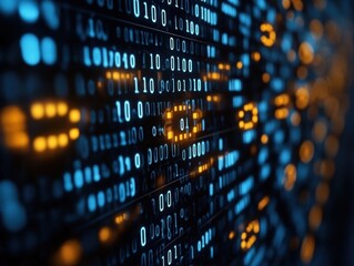 An abstract futuristic background featuring data transfer and technology themes, with binary code in blue and orange hues illustrating digital concepts.