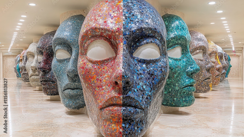 Poster a stunning display of colorful sculptures featuring half-faces in a modern art gallery, inviting ref