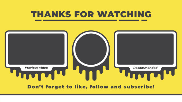Minimalistic YouTube end screen featuring a yellow background and customizable sections for video recommendations and prompts to subscribe - Powered by Adobe