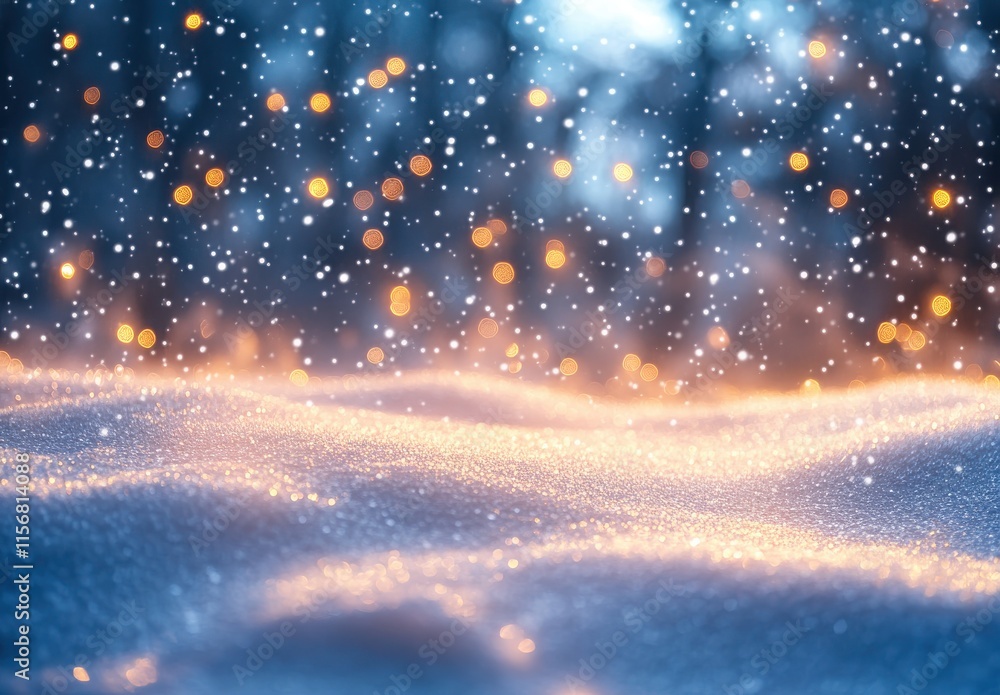 Poster tranquil winter scene with snowflakes falling over soft snow with warm bokeh lights in a soft focus 