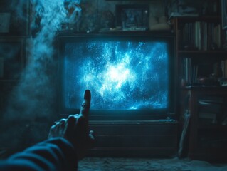 Cinematic Anticipation Remote Control Points at Mysterious Blue-Hued TV Screen