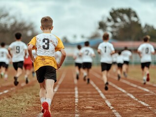 Children joyfully running on a track field, with focus on a boy in a yellow shirt. The scene is vibrant and energetic.