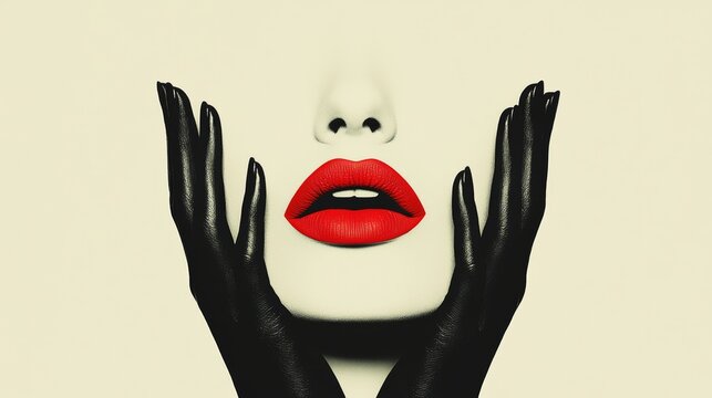 Woman's face is shown with her lips painted red and her hands in black gloves. Concept of glamour and sophistication, as the woman's makeup and gloves suggest a high-end, luxurious look