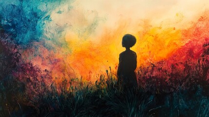 Obraz premium Sunset Silhouette: A Child's Peaceful Contemplation