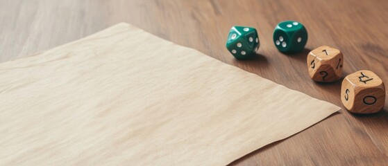 Rustic Tabletop RPG Setup with Parchment, Dice, and Figurines