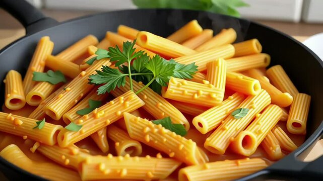 a close-up view of a creamy pasta dish in a large, round, non-stick black skillet