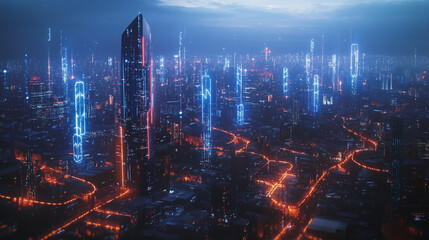 Fototapeta premium Smart digital Innovation city with connection network reciprocity over the cityscape. of future smart wireless city and social media networking systems that connects business people with in city