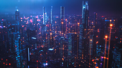Smart digital Innovation city with connection network reciprocity over the cityscape. of future smart wireless city and social media networking systems that connects business people with in city