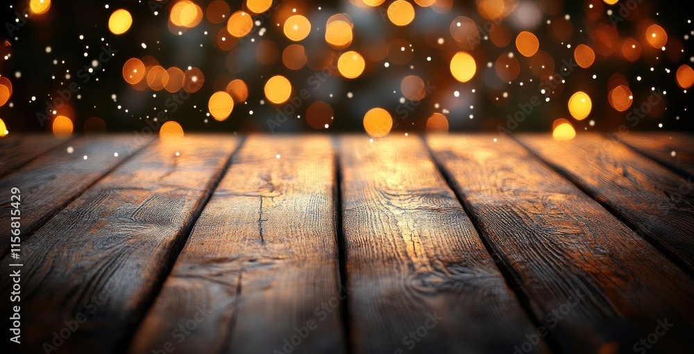 Poster warm and inviting wooden surface with soft bokeh lights and gentle snowfall creating a cozy atmosphe