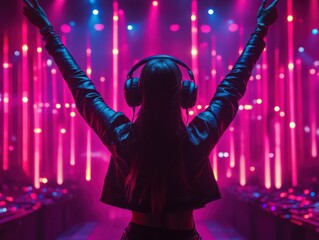 A silhouetted concert crowd rejoices under vibrant stage lights, with a person wearing headphones,...