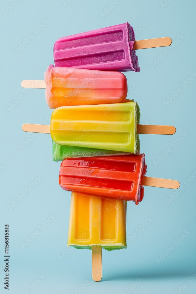 Poster stack of colorful popsicles on a blue background. the popsicles are arranged in a pyramid shape, wit