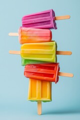 Stack of colorful popsicles on a blue background. The popsicles are arranged in a pyramid shape, with the bottom row being the most colorful. Concept of fun and playfulness