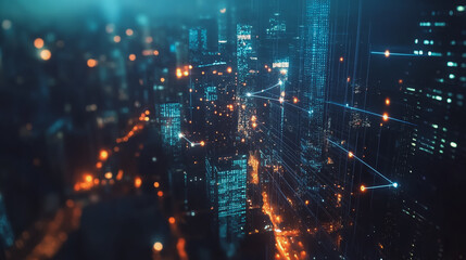 Smart digital Innovation city with connection network reciprocity over the cityscape. of future smart wireless city and social media networking systems that connects business people with in city