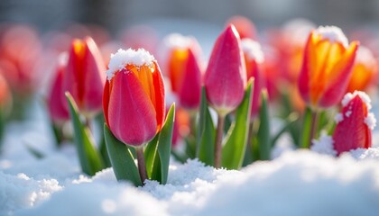 Vibrant red tulips emerging through snow, signaling the arrival of spring © Irina