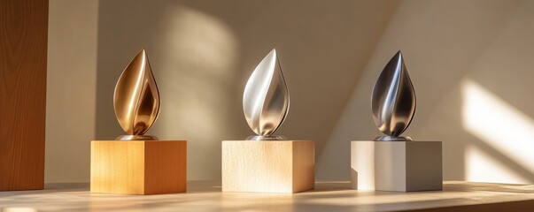 Three golden, silver and bronze trophies placed on different stands