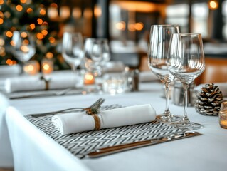 A festive Christmas meal is set on a decorated table, featuring glassware, napkins, and a pinecone, with warm lighting creating a cozy atmosphere.