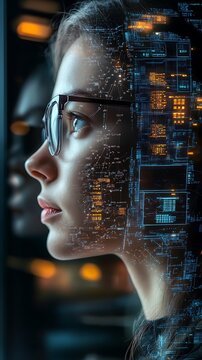 Woman, Technology, Future, Innovation, AI, Digital, Circuit, Code, Glasses, Profile
