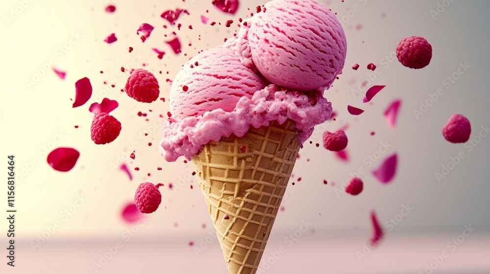 Poster pink ice cream cone with two scoops of ice cream and raspberries on top. the raspberries are scatter