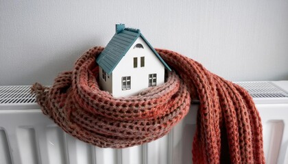 Warmly wrapping a small model house in a woolen scarf atop a white radiator for effective home insulation against winter cold 
