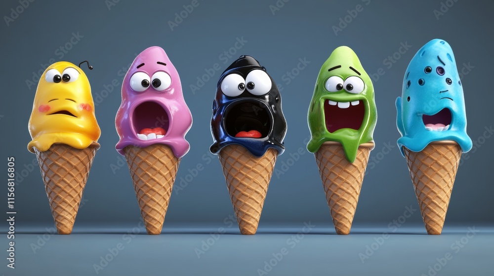 Poster group of cartoon ice cream cones with different colors and expressions. scene is lighthearted and pl