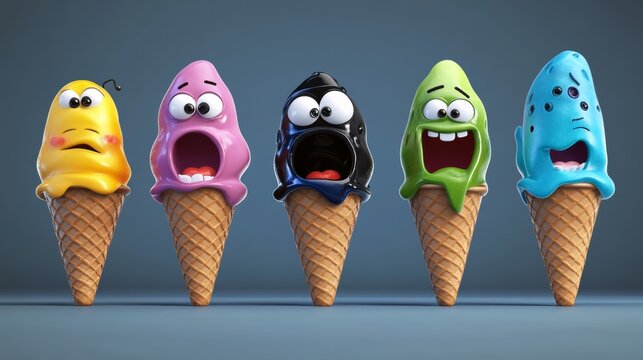 Group of cartoon ice cream cones with different colors and expressions. Scene is lighthearted and playful