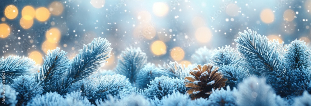 Poster winter wonderland scene with frosted pine branches and soft bokeh background creating a magical holi