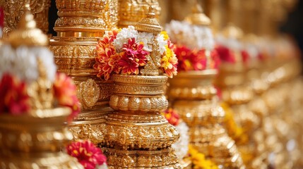 Intricate Golden Shrines Adorned with Vibrant Floral Arrangements in a Cultural Celebration, Symbolizing Tradition, Spirituality, and Artistic Mastery in a Majestic Setting