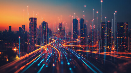 Obraz premium Smart digital Innovation city with connection network reciprocity over the cityscape. of future smart wireless city and social media networking systems that connects business people with in city