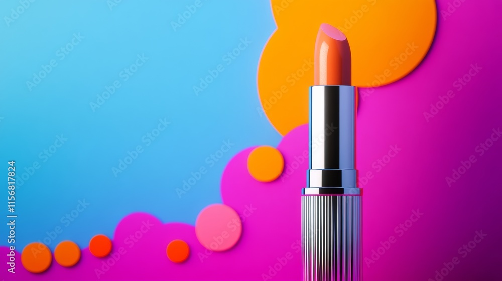 Poster lipstick is placed on a colorful background with a pink and orange hue. the background is made up of