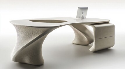 Futuristic Modern Workspace with Ergonomic Desk and Streamlined Computer Monitor