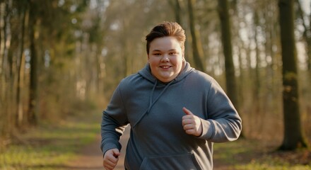 Obraz premium Teen caucasian boy jogging in forest trail for fitness and wellness inspiration