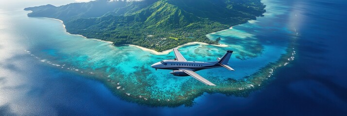 Aerial view of a vibrant island surrounded by turquoise waters, with a plane flying overhead, showcasing a tropical paradise.