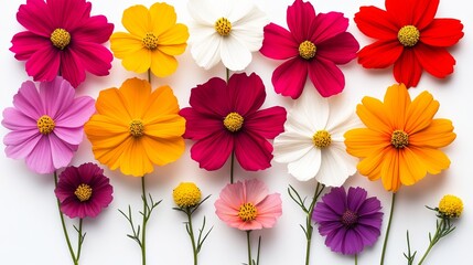 Bouquet of flowers with a variety of colors including pink, yellow, and purple. The flowers are arranged in a row, with some overlapping each other. Scene is cheerful and vibrant