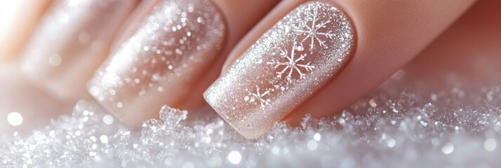 Elegant Winter Nail Art with Silver Snowflakes and Frosty Patterns