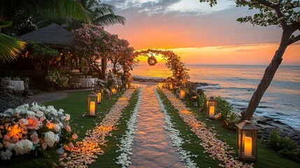 Romantic sunset beach wedding setup with floral decorations, lanterns, and ocean view, creating a picturesque scene for a memorable ceremony.