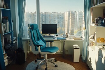 Cozy Home Office with Panoramic City View Through Large Window