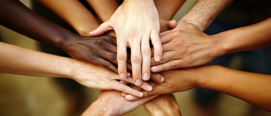 Smiling colleagues stacking hands in teambuilding exercise, teamwork motivation and unity concept